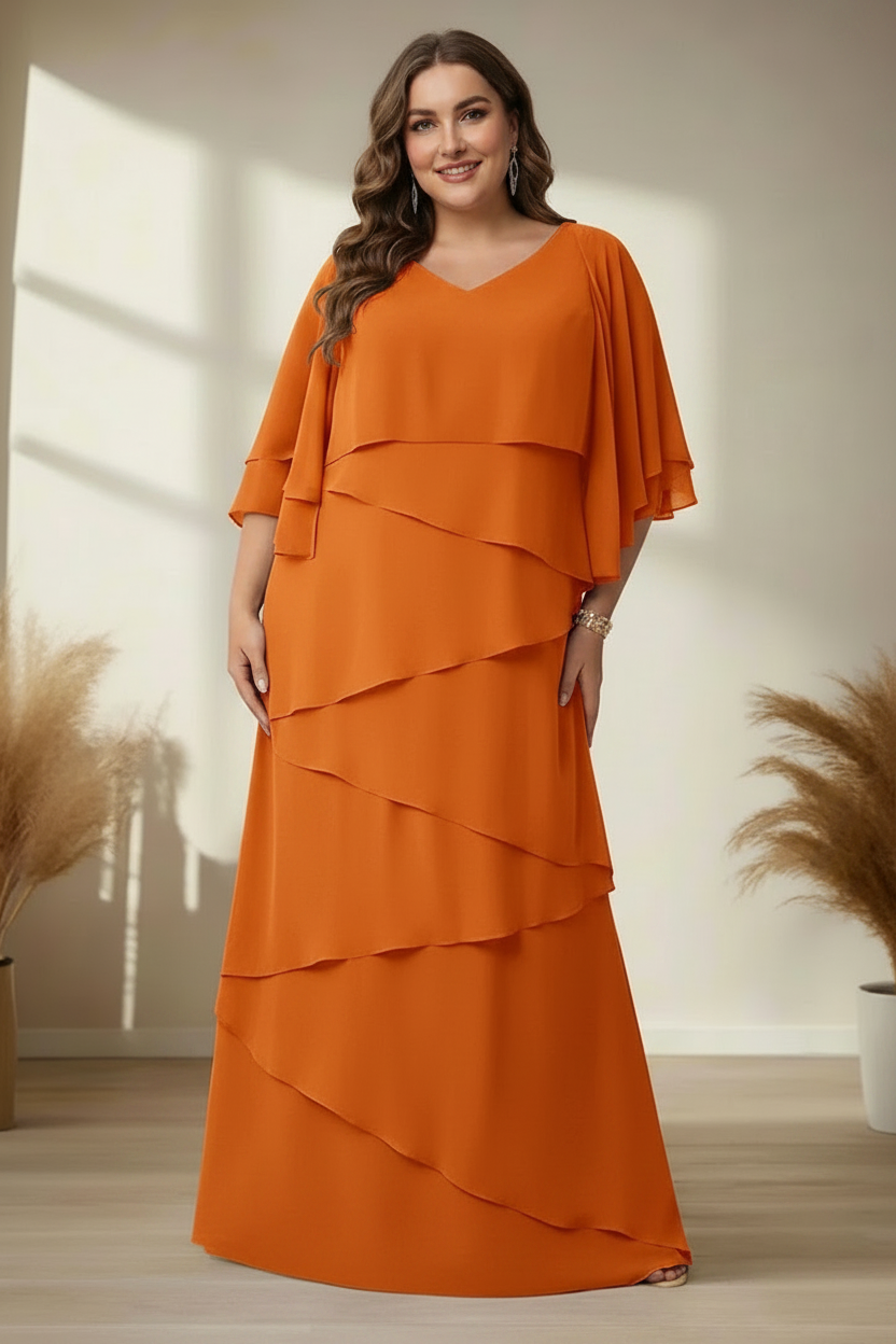 A-Line/Princess V-Neck Half Sleeves Floor-Length Regular & Plus Size Mother of the Bride Dresses with Ruffles