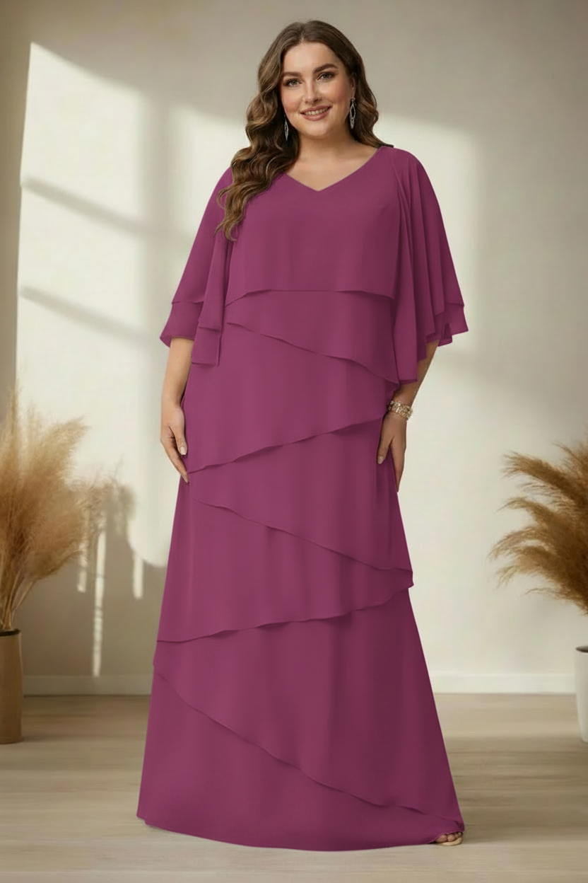 A-Line/Princess V-Neck Half Sleeves Floor-Length Regular & Plus Size Mother of the Bride Dresses with Ruffles