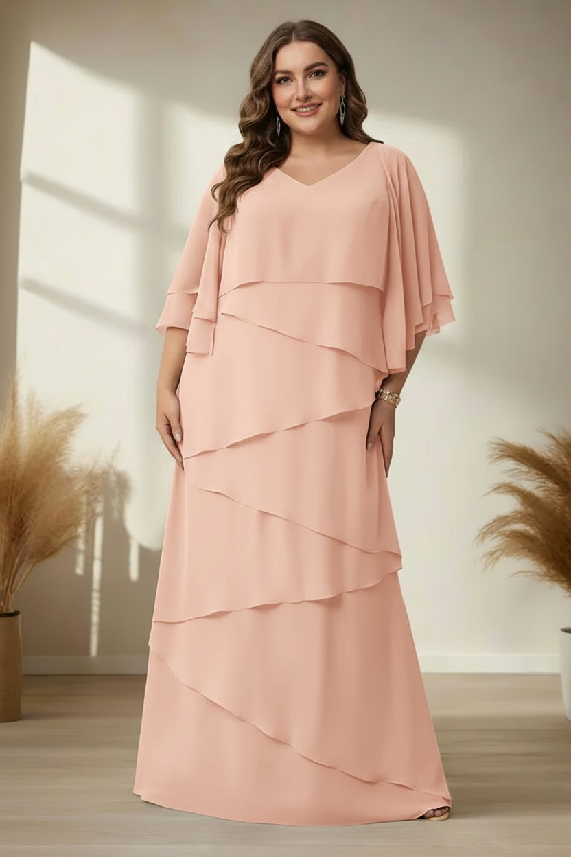 A-Line/Princess V-Neck Half Sleeves Floor-Length Regular & Plus Size Mother of the Bride Dresses with Ruffles