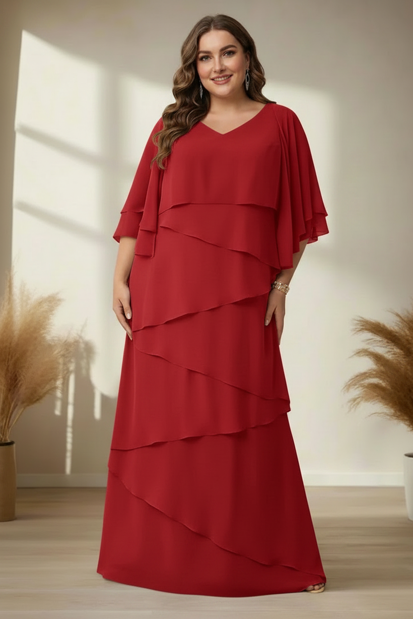 A-Line/Princess V-Neck Half Sleeves Floor-Length Regular & Plus Size Mother of the Bride Dresses with Ruffles