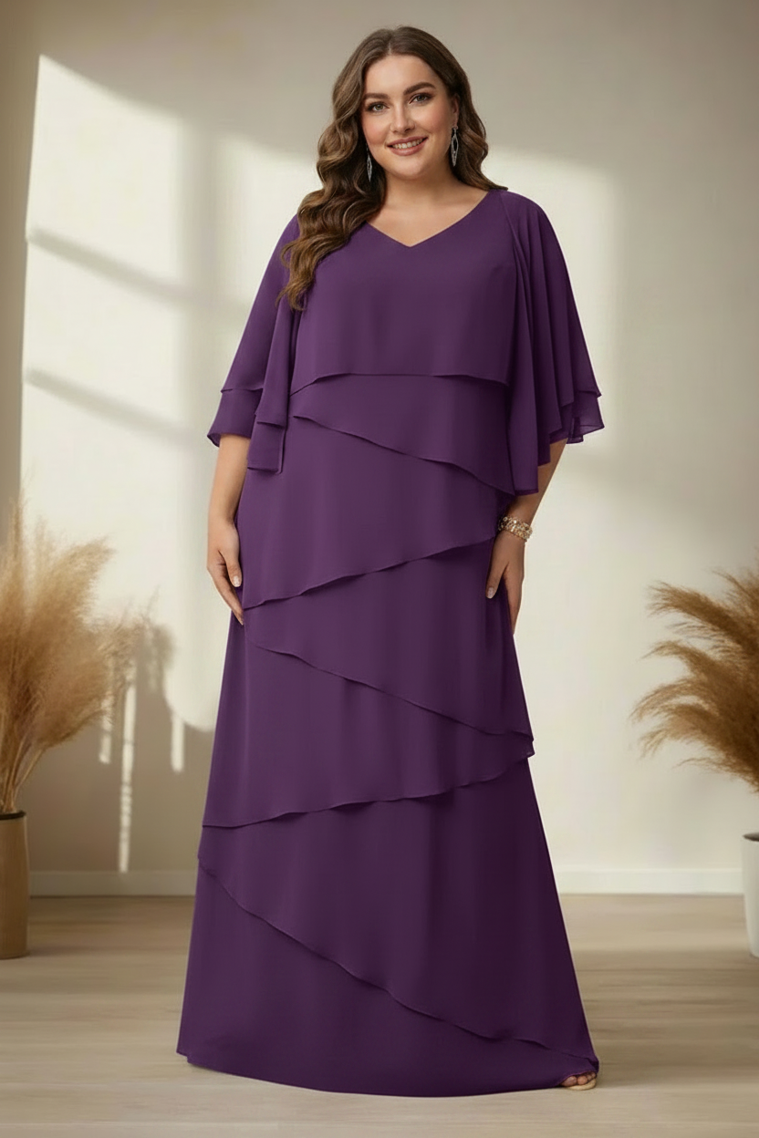 A-Line/Princess V-Neck Half Sleeves Floor-Length Regular & Plus Size Mother of the Bride Dresses with Ruffles