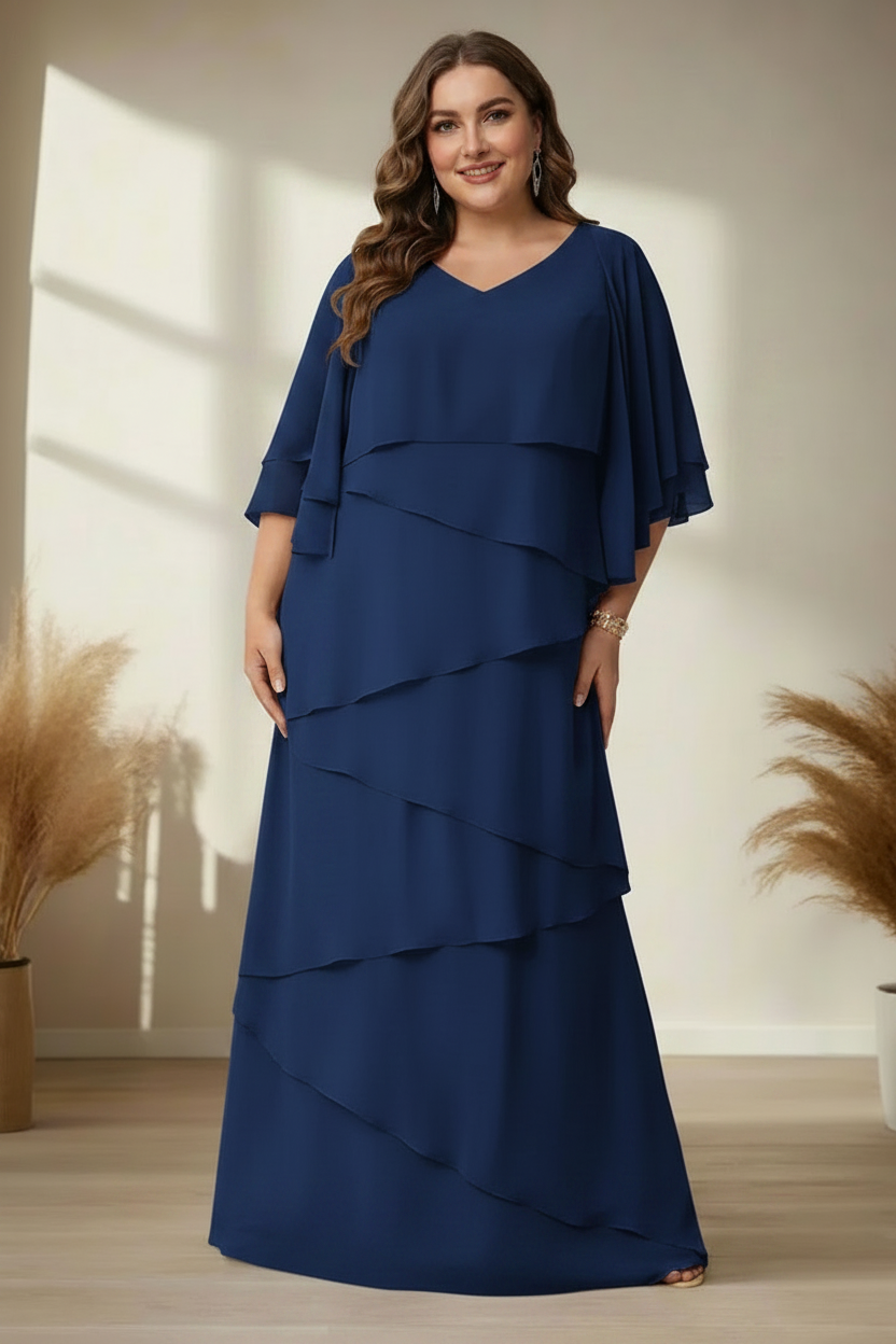 A-Line/Princess V-Neck Half Sleeves Floor-Length Regular & Plus Size Mother of the Bride Dresses with Ruffles