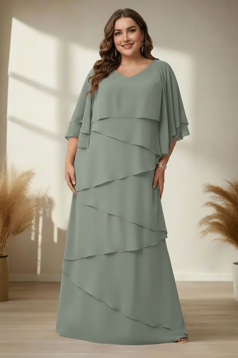 A-Line/Princess V-Neck Half Sleeves Floor-Length Regular & Plus Size Mother of the Bride Dresses with Ruffles