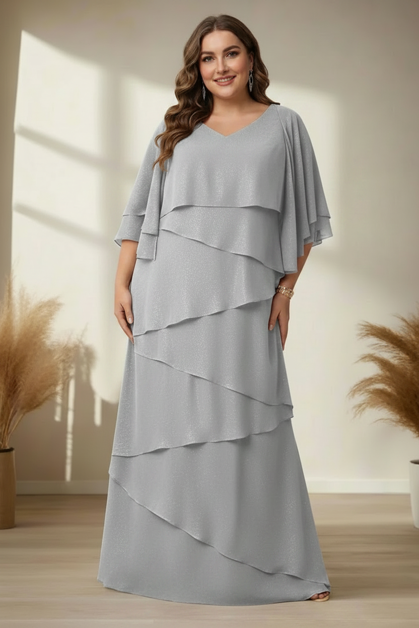 A-Line/Princess V-Neck Half Sleeves Floor-Length Regular & Plus Size Mother of the Bride Dresses with Ruffles