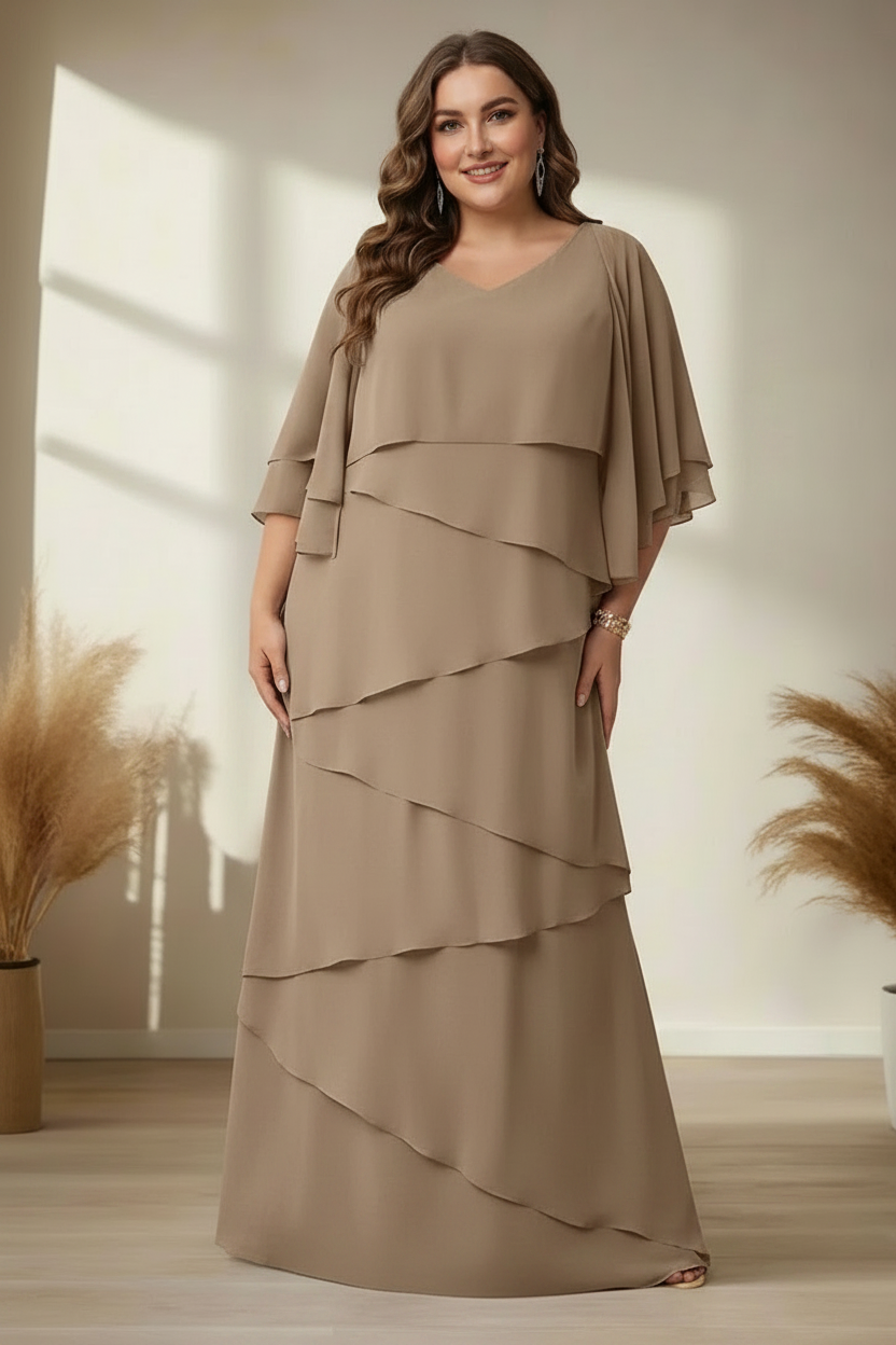 A-Line/Princess V-Neck Half Sleeves Floor-Length Regular & Plus Size Mother of the Bride Dresses with Ruffles