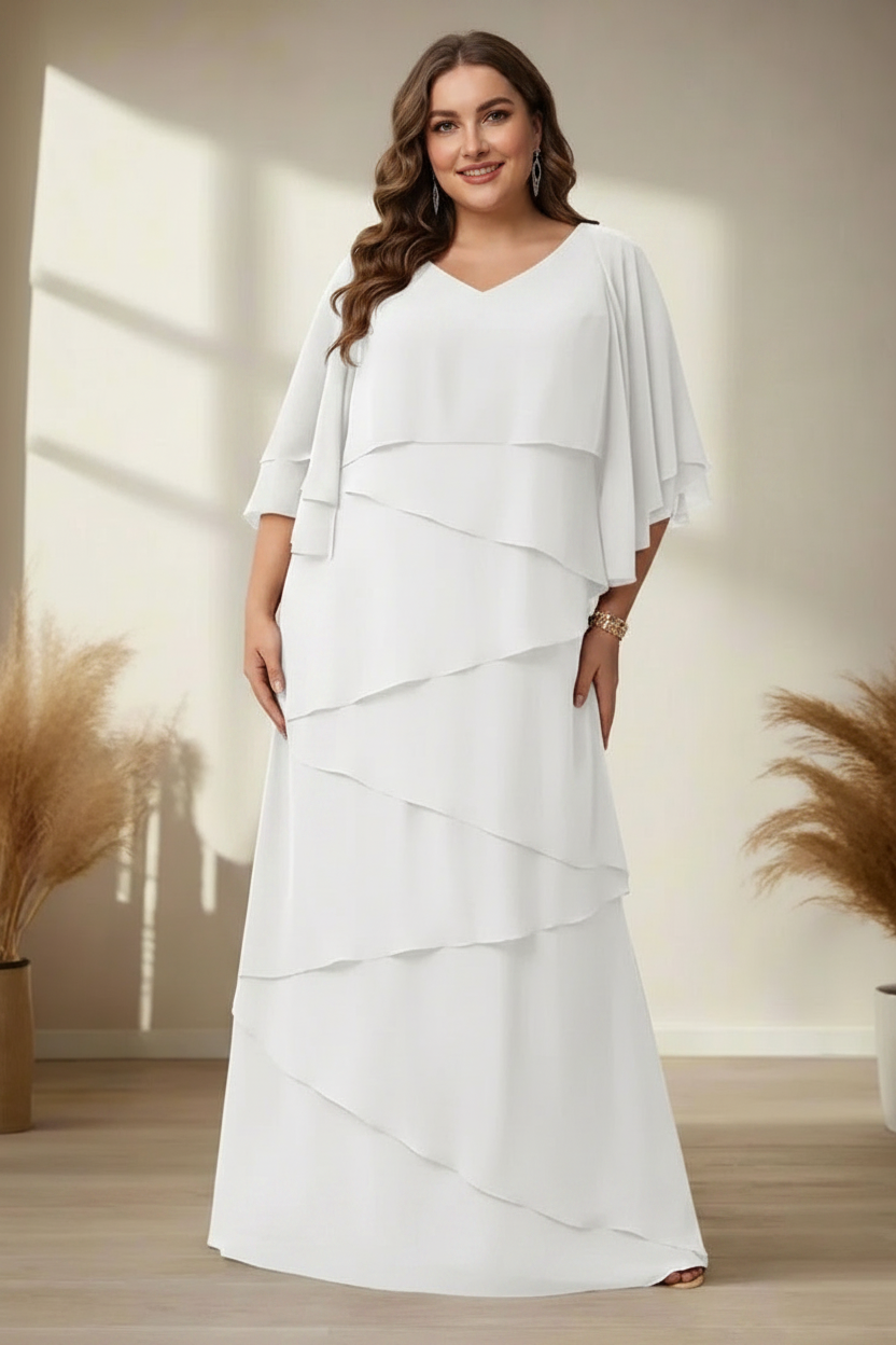 A-Line/Princess V-Neck Half Sleeves Floor-Length Regular & Plus Size Mother of the Bride Dresses with Ruffles