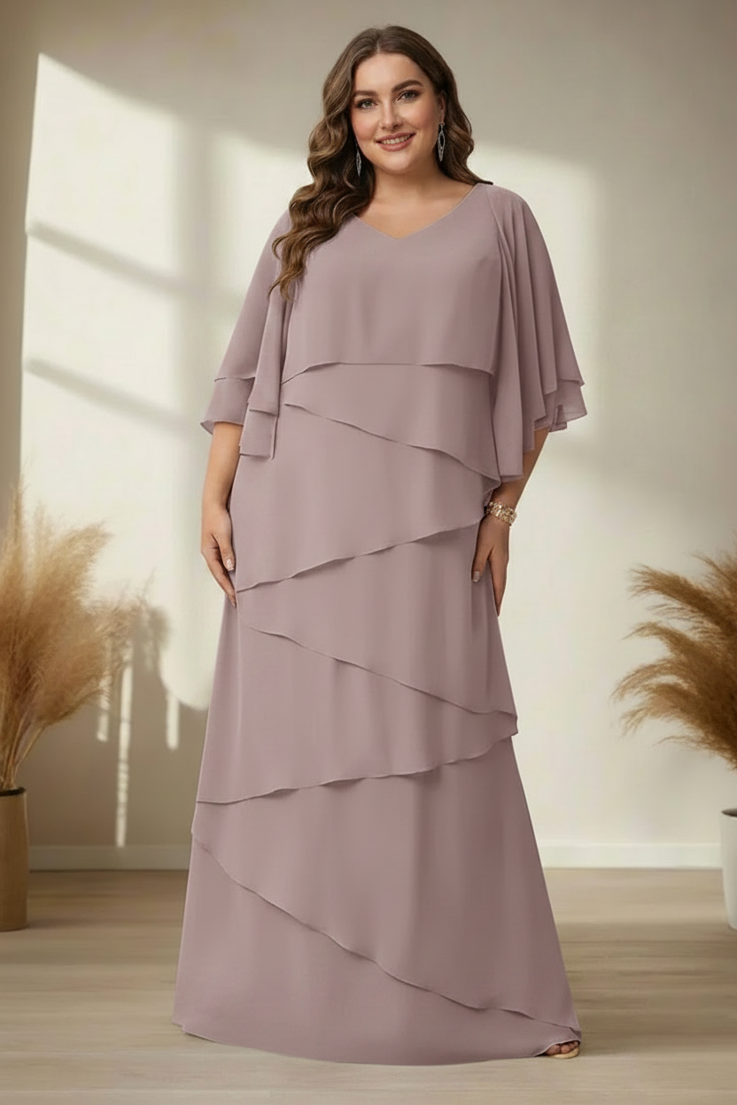 A-Line/Princess V-Neck Half Sleeves Floor-Length Regular & Plus Size Mother of the Bride Dresses with Ruffles