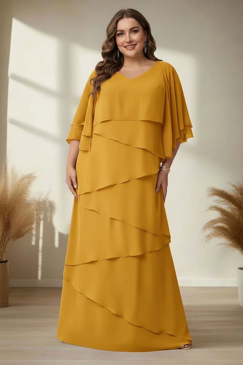 A-Line/Princess V-Neck Half Sleeves Floor-Length Regular & Plus Size Mother of the Bride Dresses with Ruffles