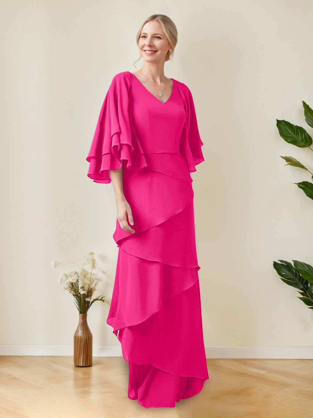 A-Line/Princess V-Neck Half Sleeves Floor-Length Regular & Plus Size Mother of the Bride Dresses with Ruffles