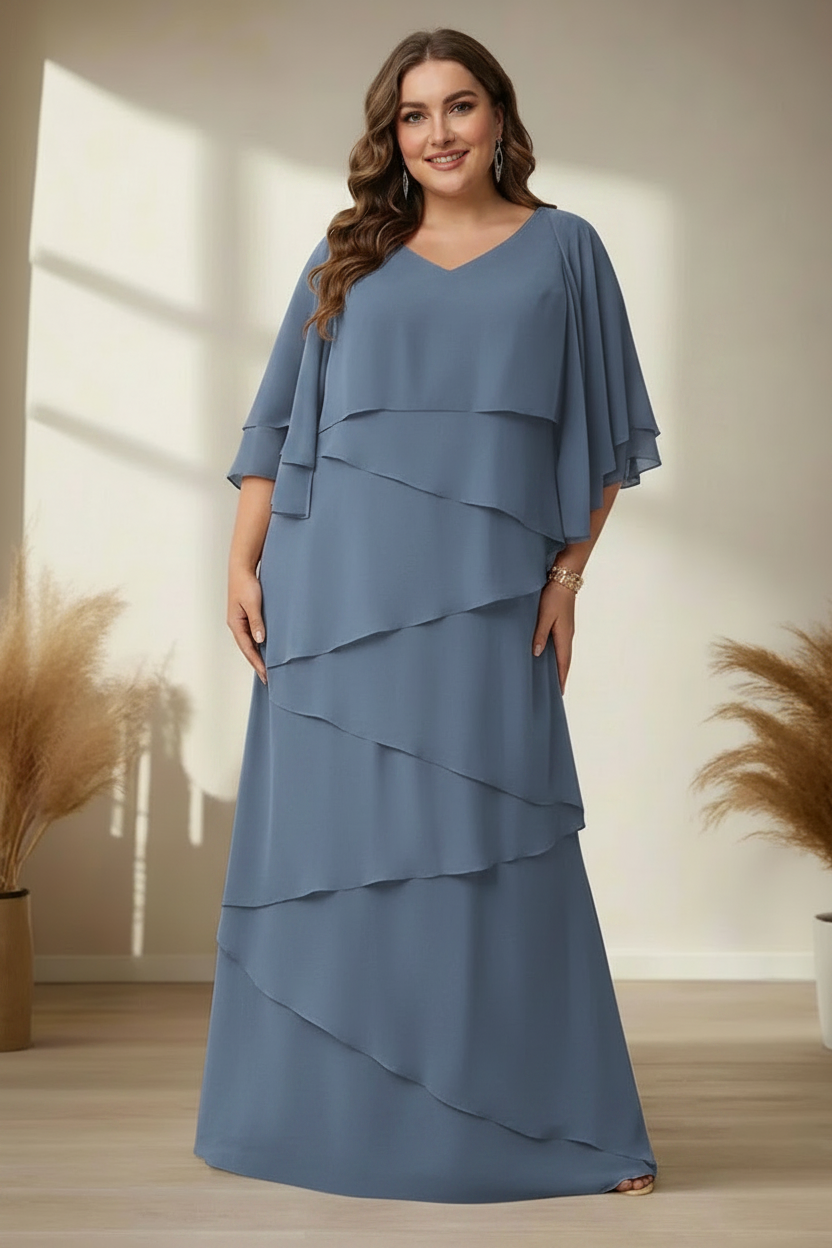 A-Line/Princess V-Neck Half Sleeves Floor-Length Regular & Plus Size Mother of the Bride Dresses with Ruffles