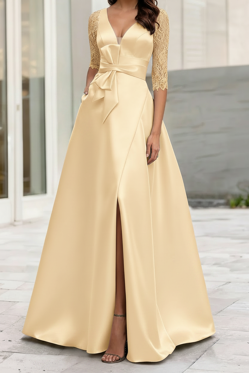 A-Line/Princess V-Neck Half Sleeves Mother Of The Bride Dresses With Split Side