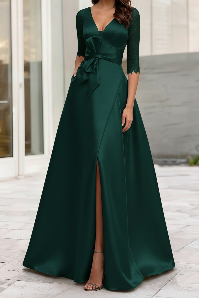 A-Line/Princess V-Neck Half Sleeves Mother Of The Bride Dresses With Split Side