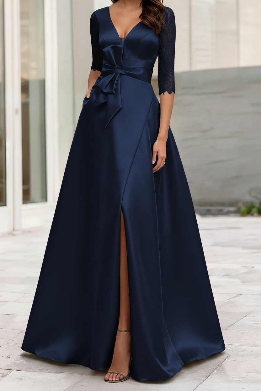 A-Line/Princess V-Neck Half Sleeves Mother Of The Bride Dresses With Split Side