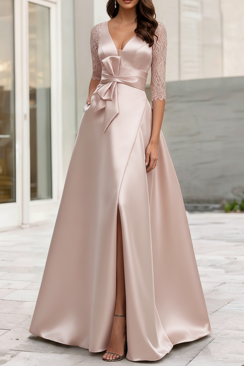A-Line/Princess V-Neck Half Sleeves Mother Of The Bride Dresses With Split Side