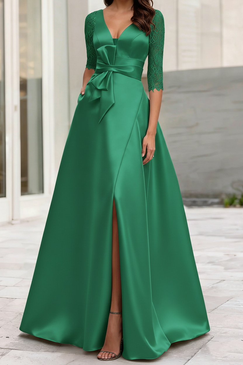 A-Line/Princess V-Neck Half Sleeves Mother Of The Bride Dresses With Split Side
