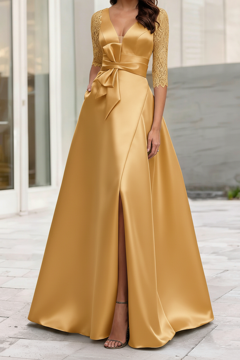 A-Line/Princess V-Neck Half Sleeves Mother Of The Bride Dresses With Split Side