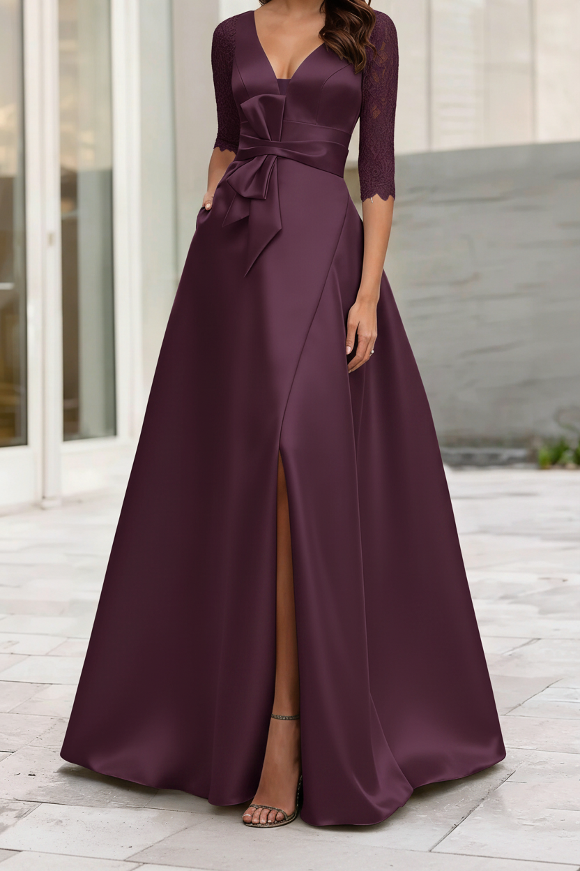 A-Line/Princess V-Neck Half Sleeves Mother Of The Bride Dresses With Split Side