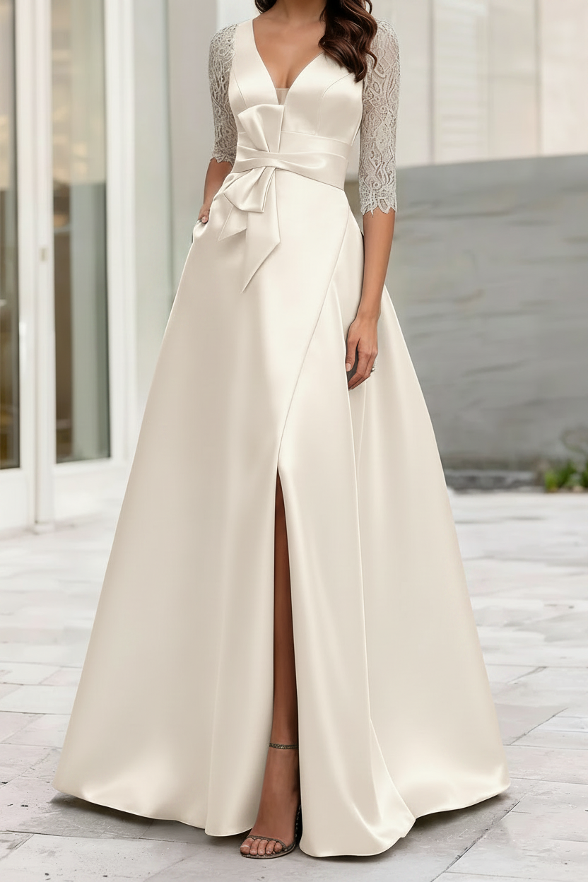 A-Line/Princess V-Neck Half Sleeves Mother Of The Bride Dresses With Split Side