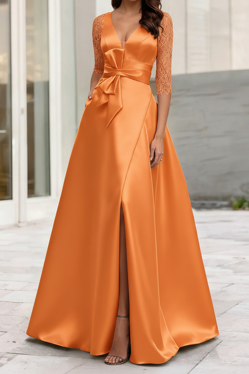 A-Line/Princess V-Neck Half Sleeves Mother Of The Bride Dresses With Split Side