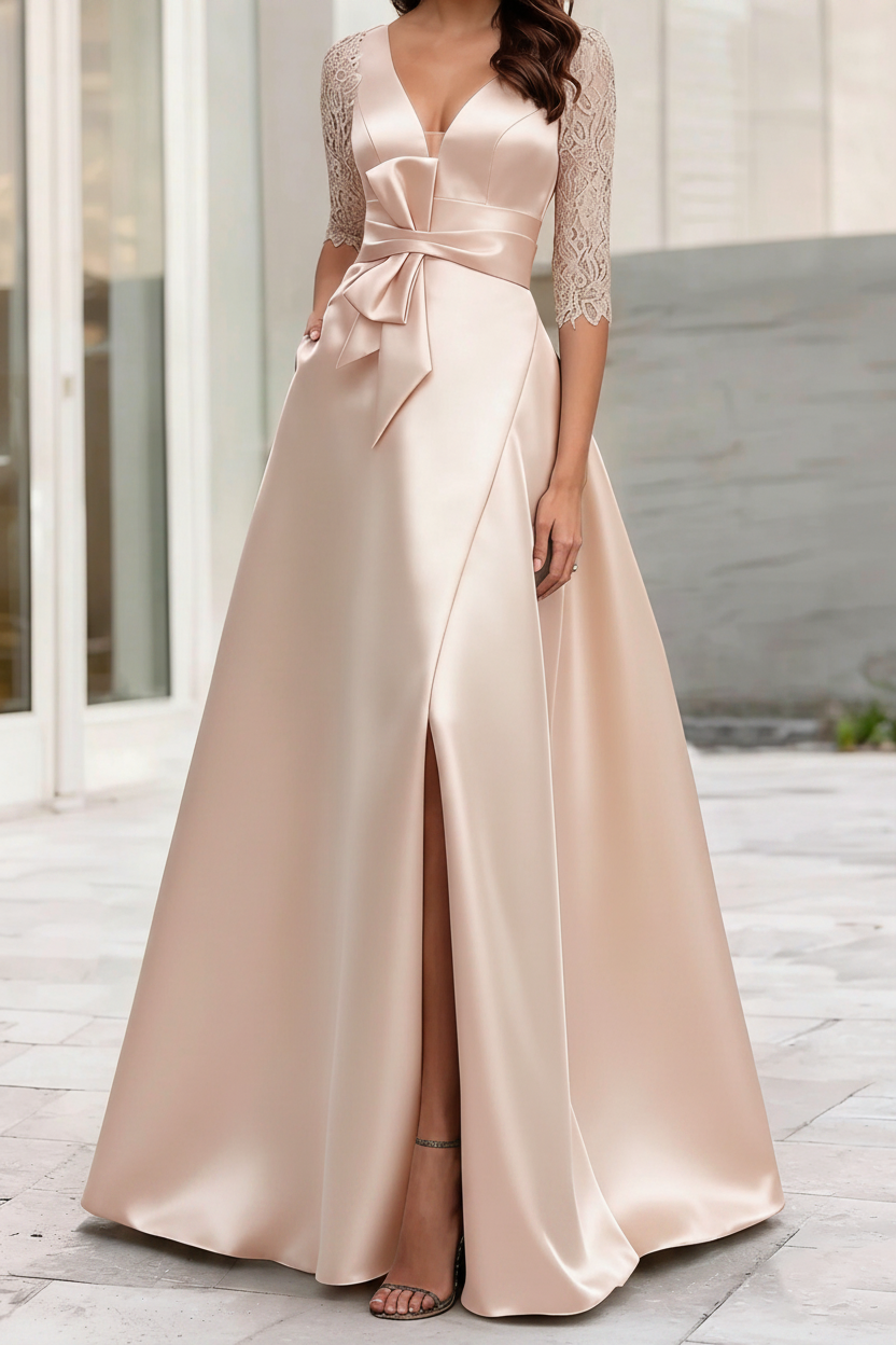 A-Line/Princess V-Neck Half Sleeves Mother Of The Bride Dresses With Split Side