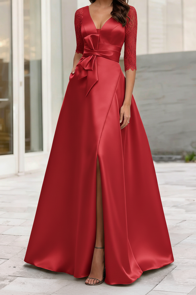 A-Line/Princess V-Neck Half Sleeves Mother Of The Bride Dresses With Split Side