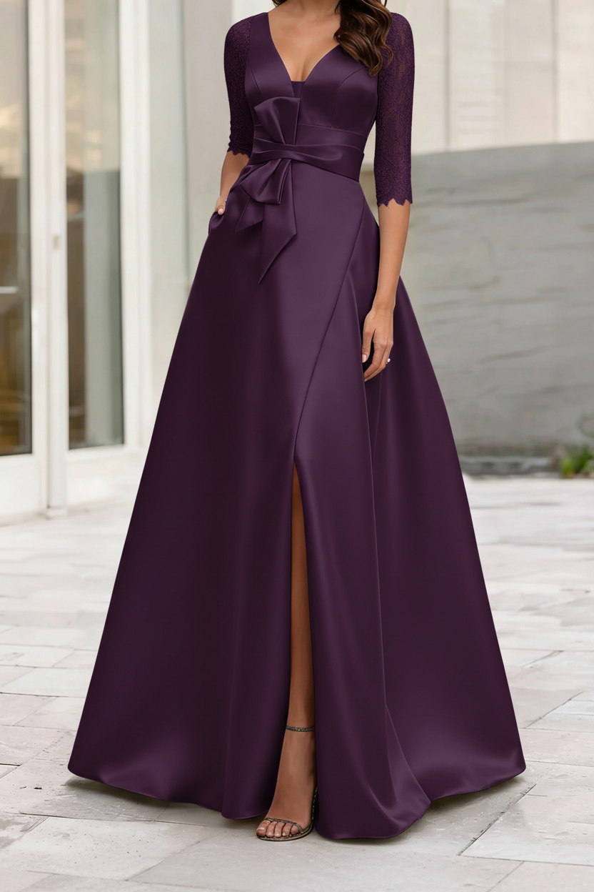 A-Line/Princess V-Neck Half Sleeves Mother Of The Bride Dresses With Split Side