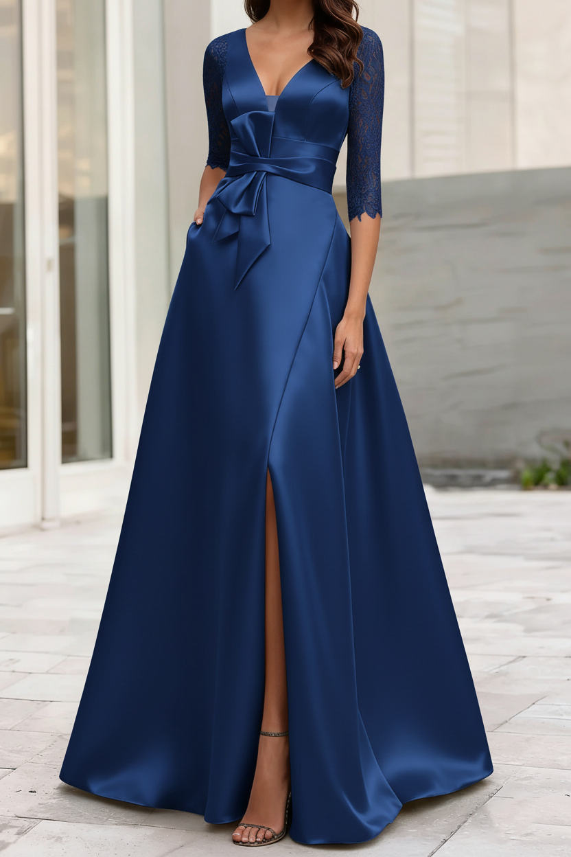 A-Line/Princess V-Neck Half Sleeves Mother Of The Bride Dresses With Split Side