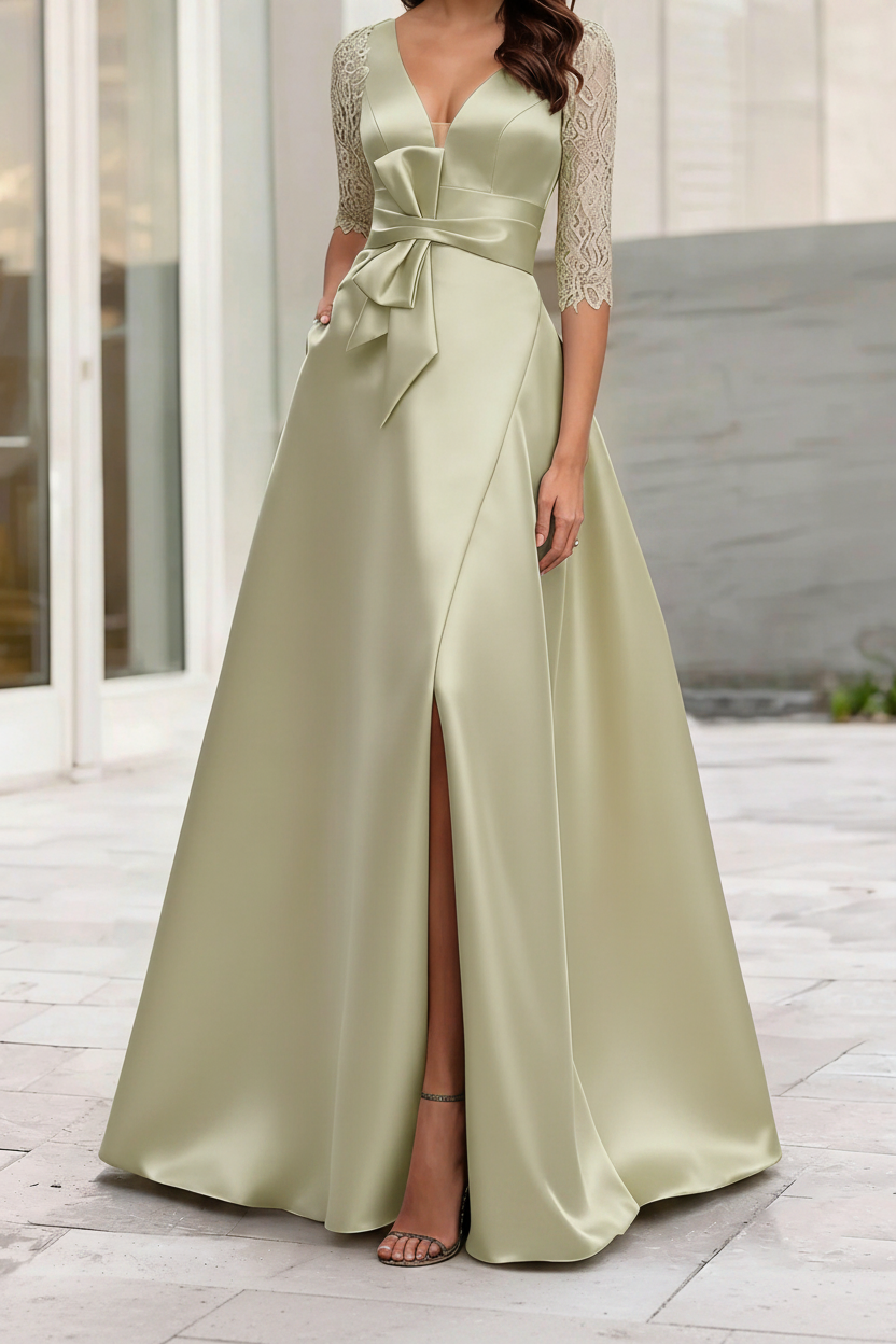 A-Line/Princess V-Neck Half Sleeves Mother Of The Bride Dresses With Split Side
