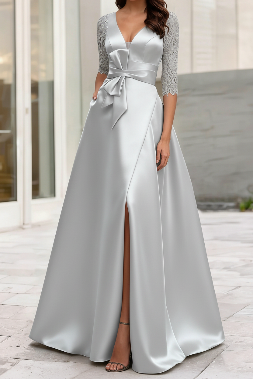 A-Line/Princess V-Neck Half Sleeves Mother Of The Bride Dresses With Split Side