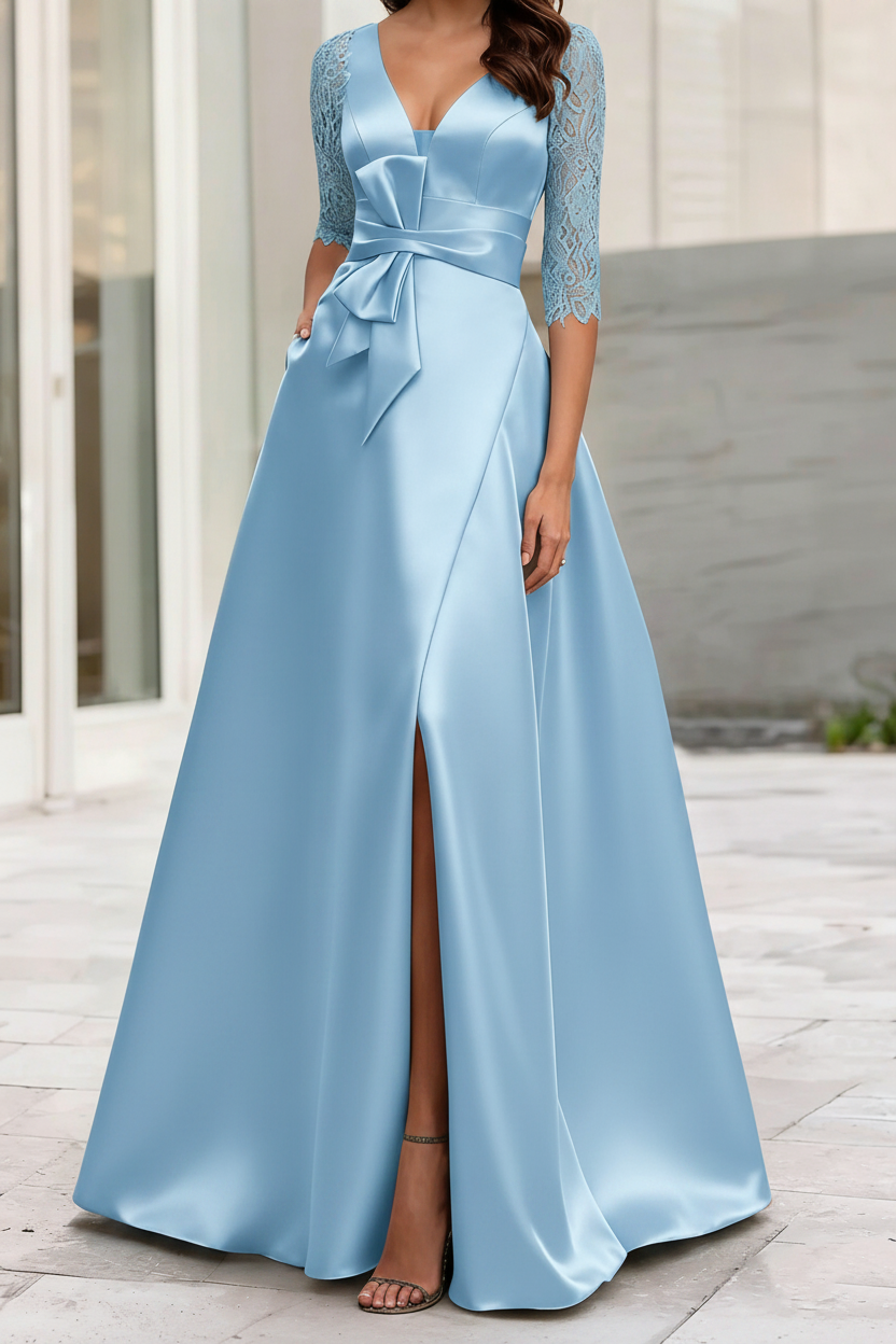 A-Line/Princess V-Neck Half Sleeves Mother Of The Bride Dresses With Split Side