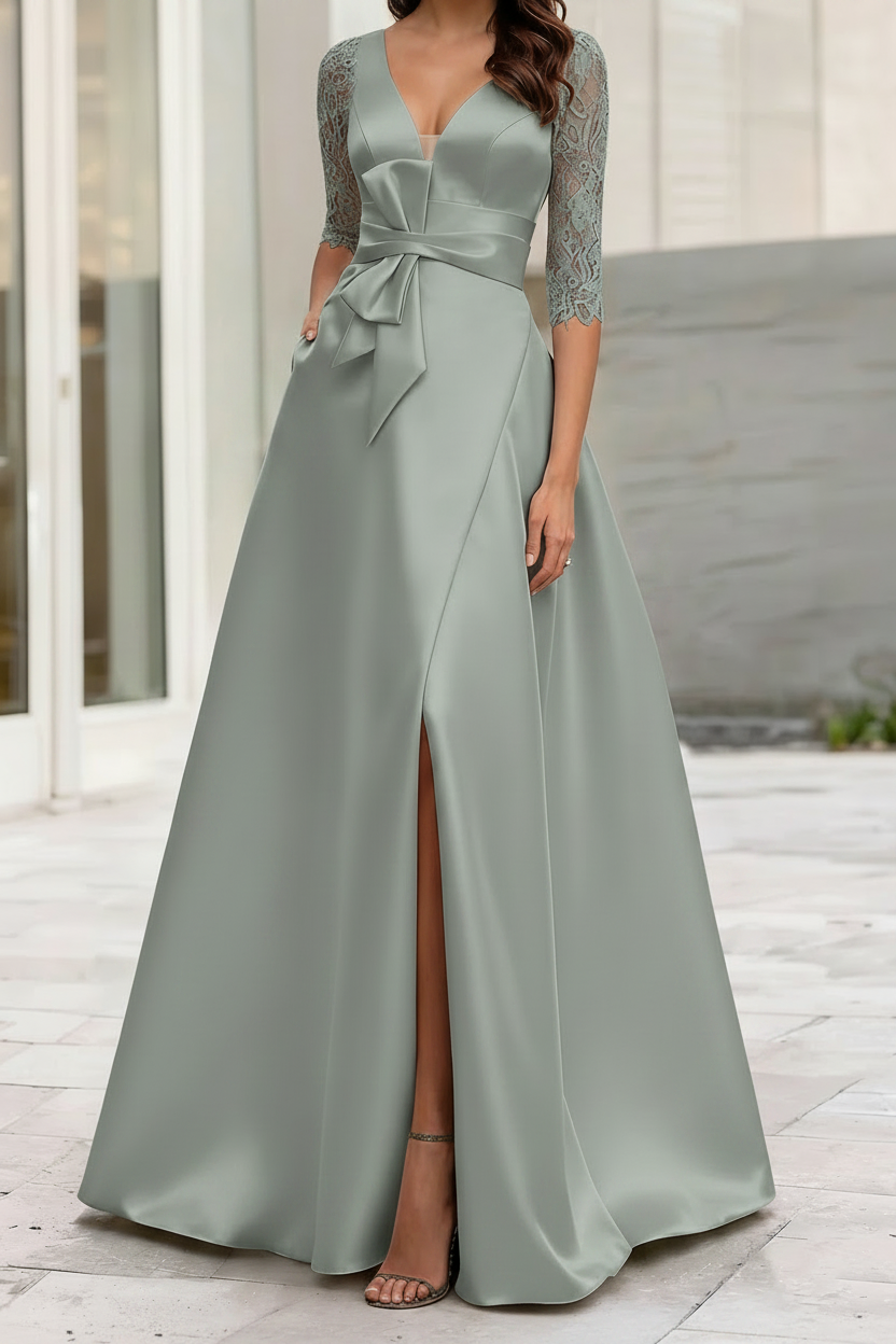 A-Line/Princess V-Neck Half Sleeves Mother Of The Bride Dresses With Split Side