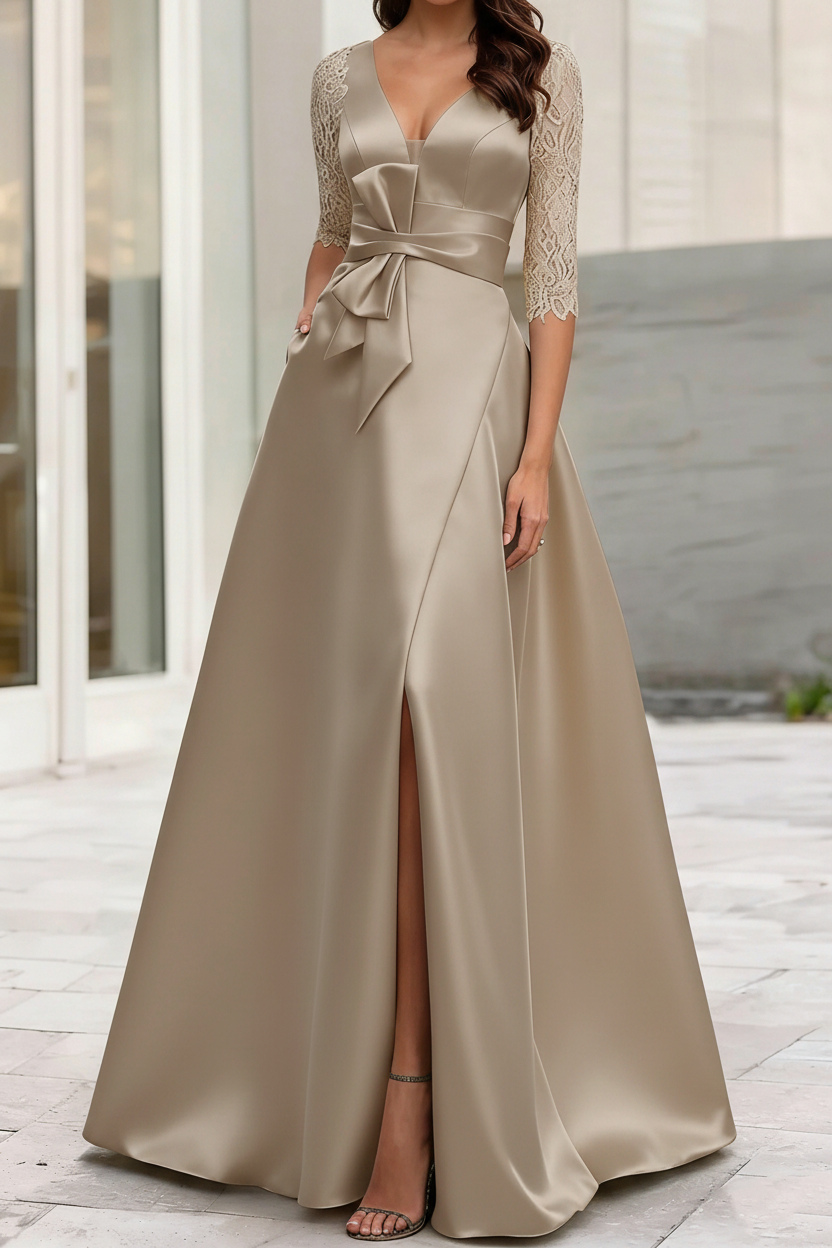 A-Line/Princess V-Neck Half Sleeves Mother Of The Bride Dresses With Split Side