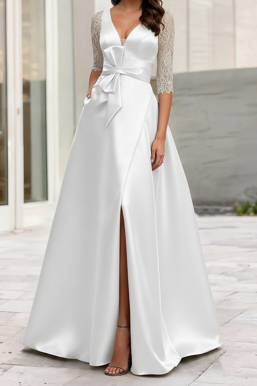 A-Line/Princess V-Neck Half Sleeves Mother Of The Bride Dresses With Split Side