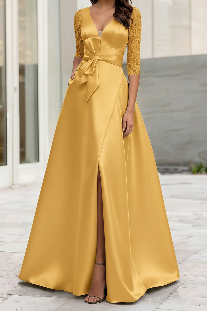 A-Line/Princess V-Neck Half Sleeves Mother Of The Bride Dresses With Split Side