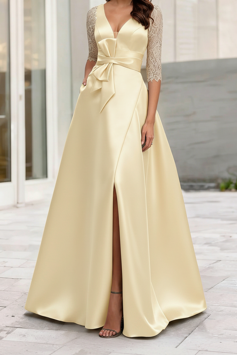 A-Line/Princess V-Neck Half Sleeves Mother Of The Bride Dresses With Split Side