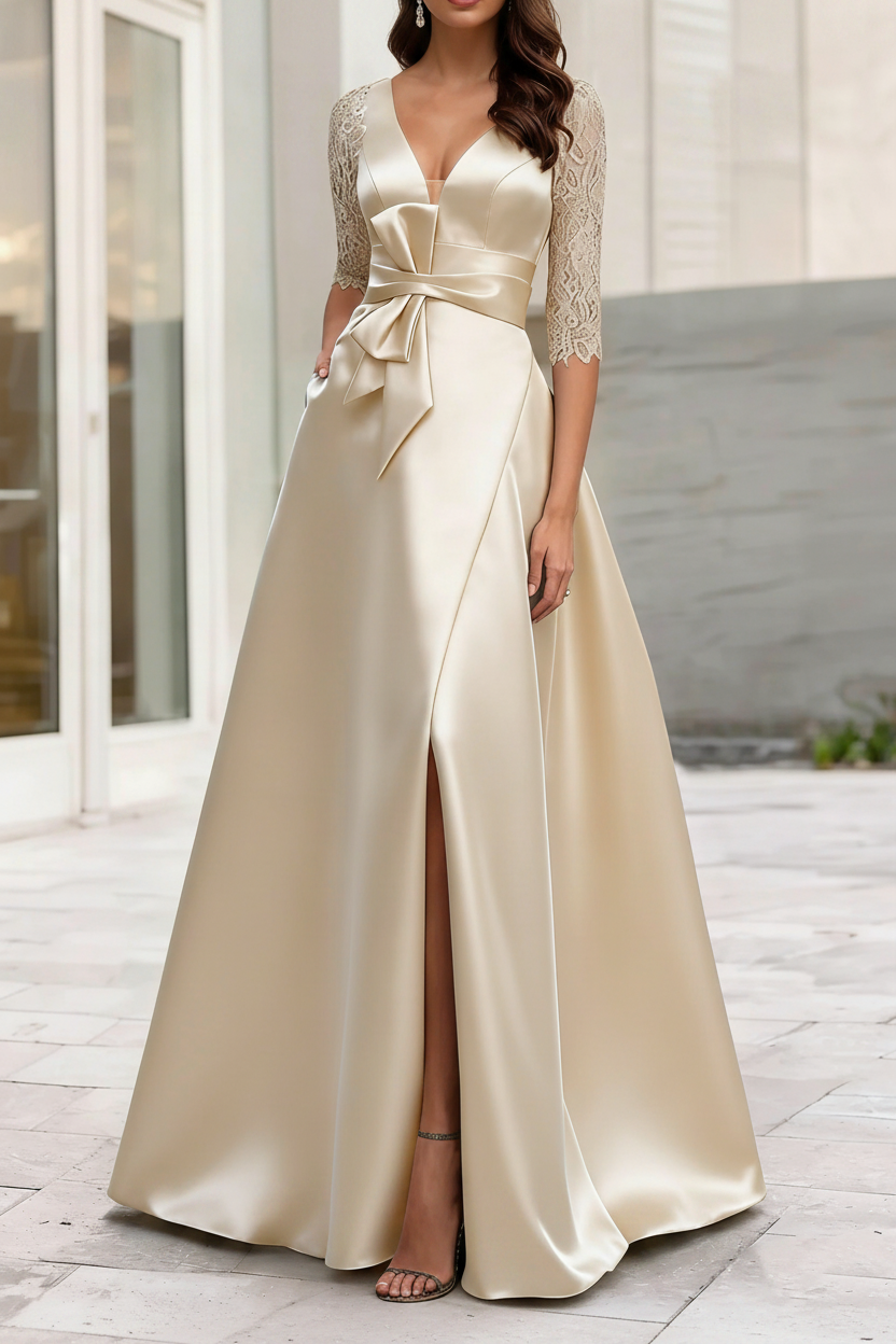 A-Line/Princess V-Neck Half Sleeves Mother Of The Bride Dresses With Split Side