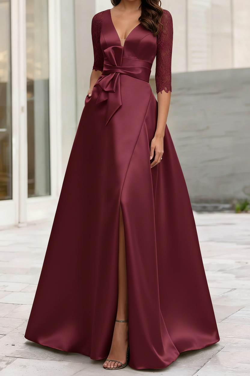A-Line/Princess V-Neck Half Sleeves Mother Of The Bride Dresses With Split Side