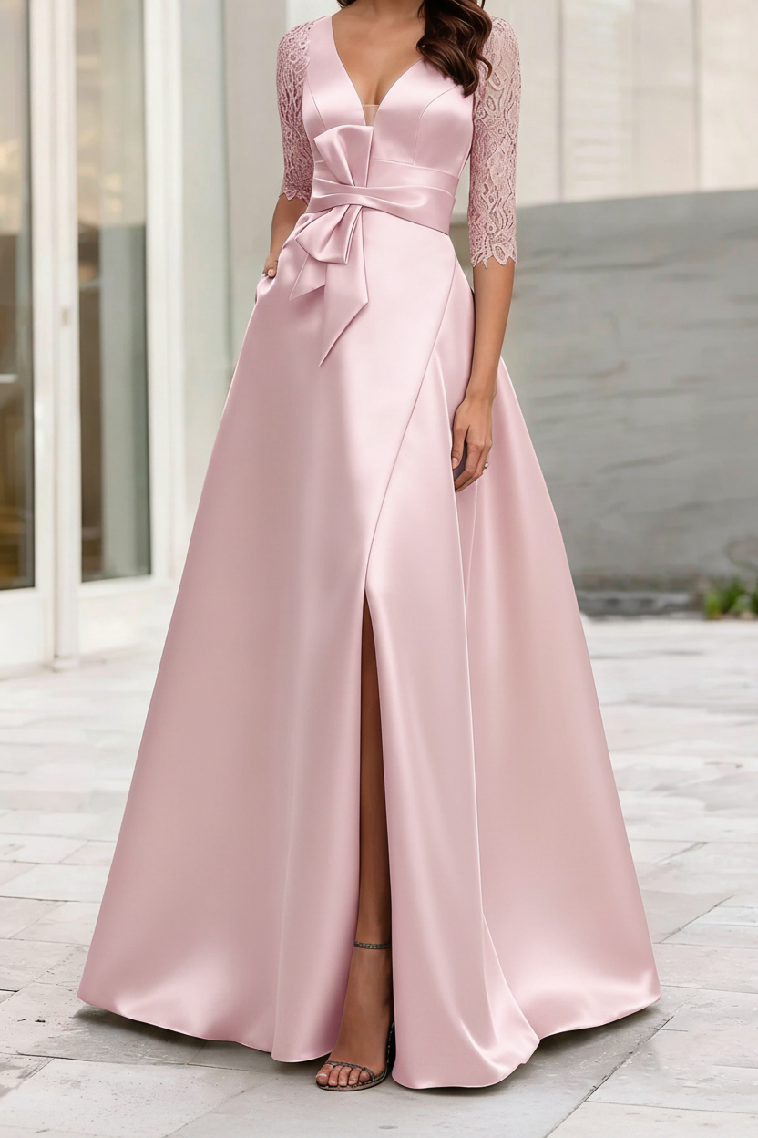 A-Line/Princess V-Neck Half Sleeves Mother Of The Bride Dresses With Split Side