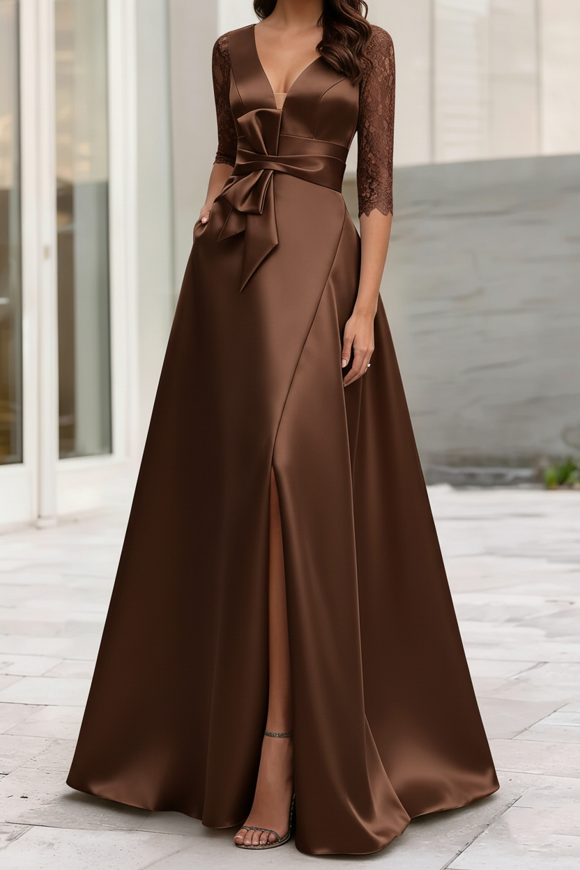 A-Line/Princess V-Neck Half Sleeves Mother Of The Bride Dresses With Split Side