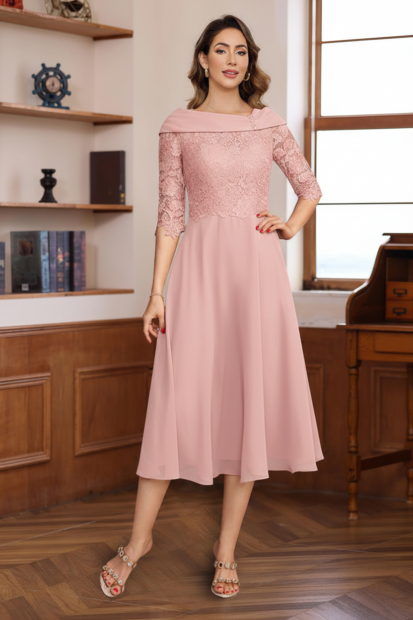 A-Line/Princess V-Neck Half Sleeves Tea Length Mother of the Bride & Groom Dresses with Lace Appliques