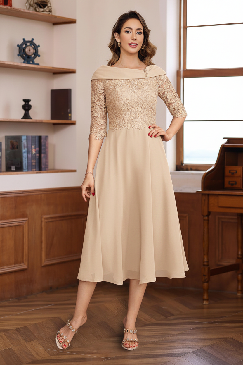 A-Line/Princess V-Neck Half Sleeves Tea Length Mother of the Bride & Groom Dresses with Lace Appliques