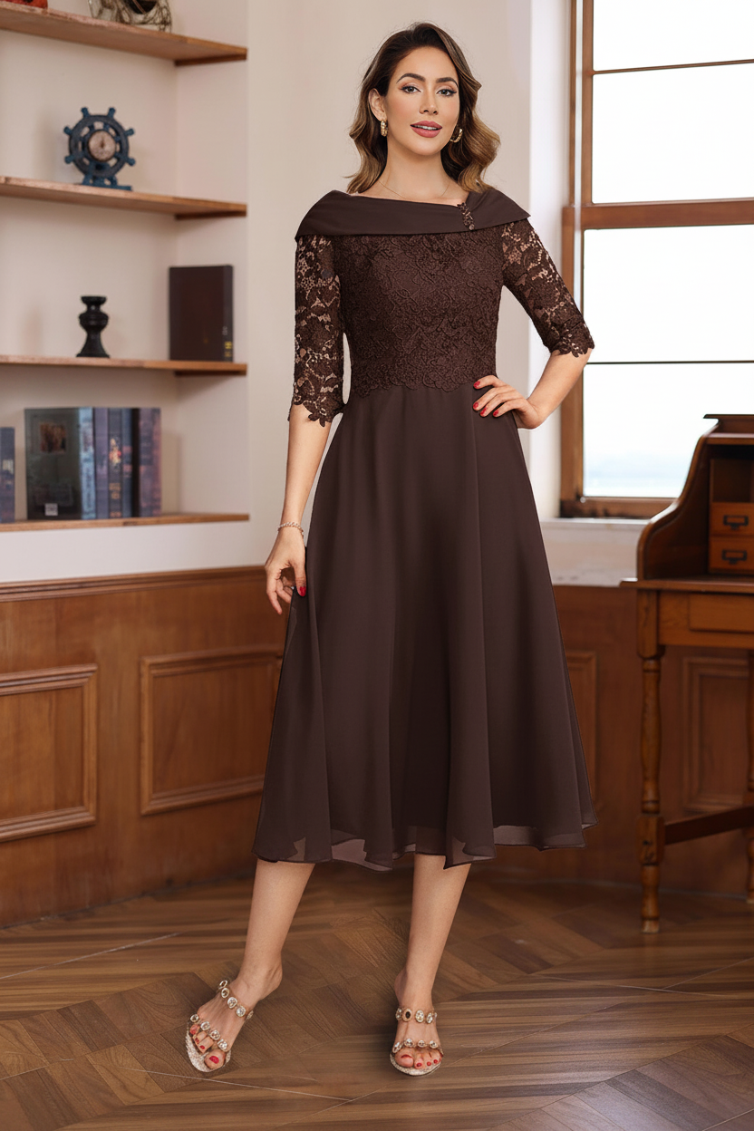 A-Line/Princess V-Neck Half Sleeves Tea Length Mother of the Bride & Groom Dresses with Lace Appliques