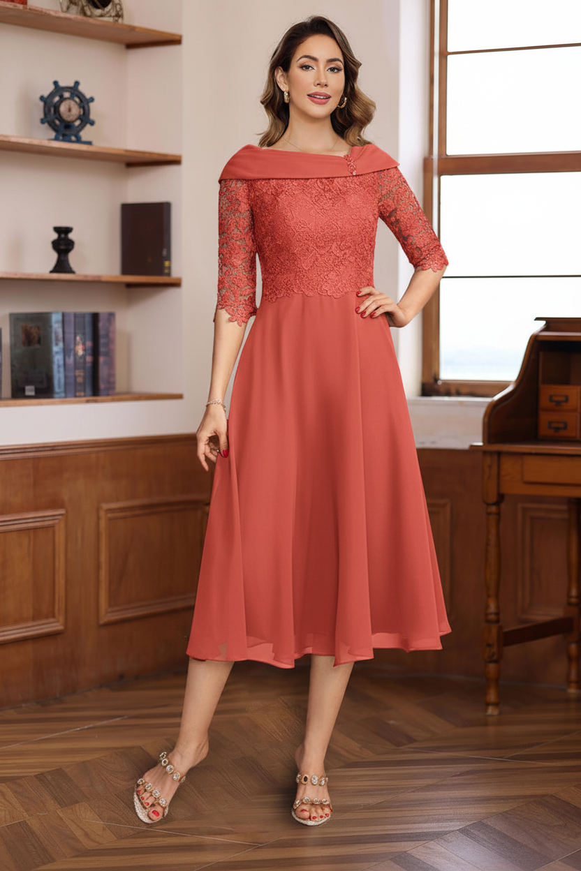 A-Line/Princess V-Neck Half Sleeves Tea Length Mother of the Bride & Groom Dresses with Lace Appliques