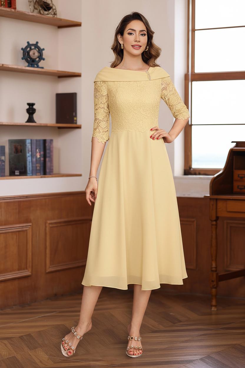 A-Line/Princess V-Neck Half Sleeves Tea Length Mother of the Bride & Groom Dresses with Lace Appliques