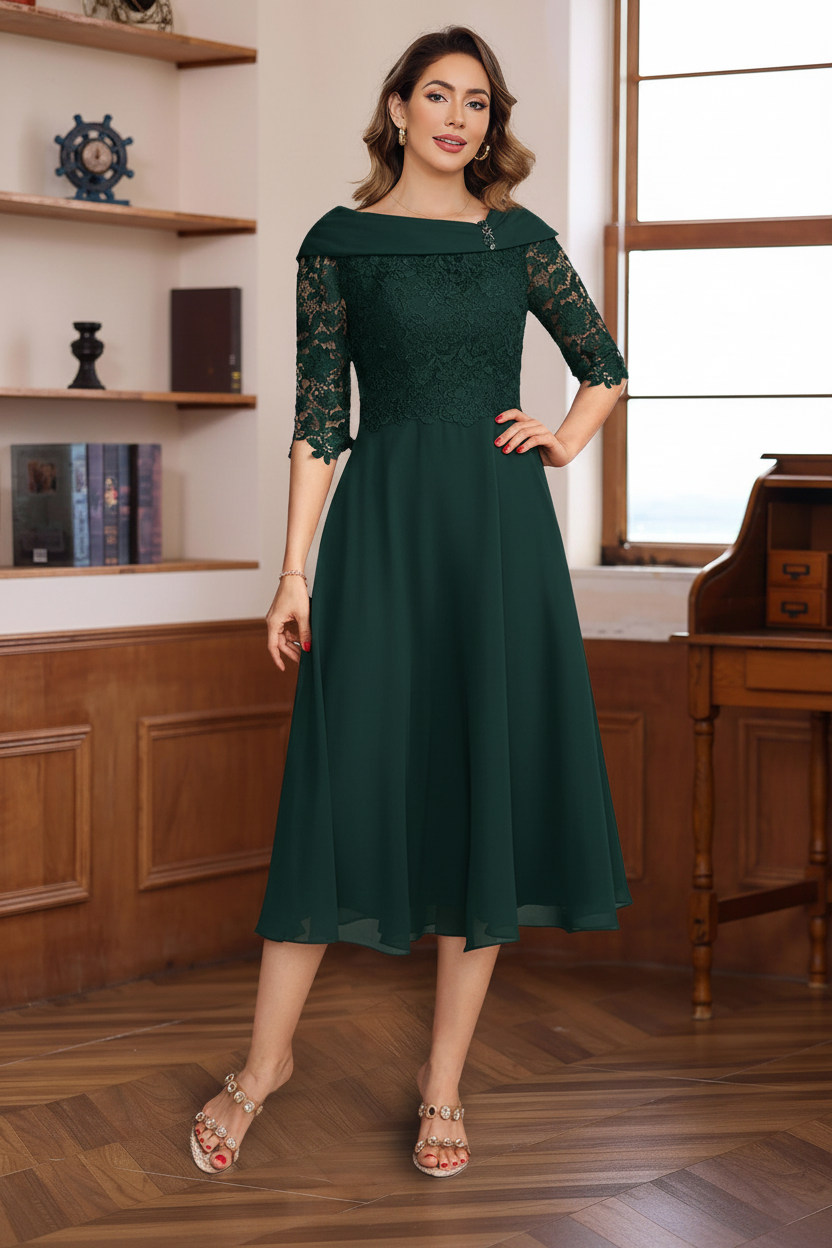 A-Line/Princess V-Neck Half Sleeves Tea Length Mother of the Bride & Groom Dresses with Lace Appliques