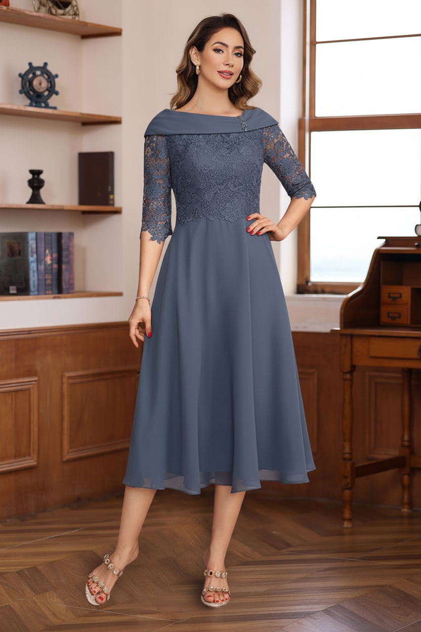 A-Line/Princess V-Neck Half Sleeves Tea Length Mother of the Bride & Groom Dresses with Lace Appliques