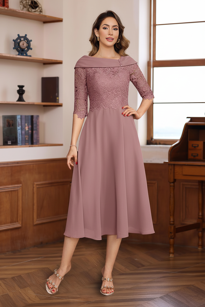 A-Line/Princess V-Neck Half Sleeves Tea Length Mother of the Bride & Groom Dresses with Lace Appliques