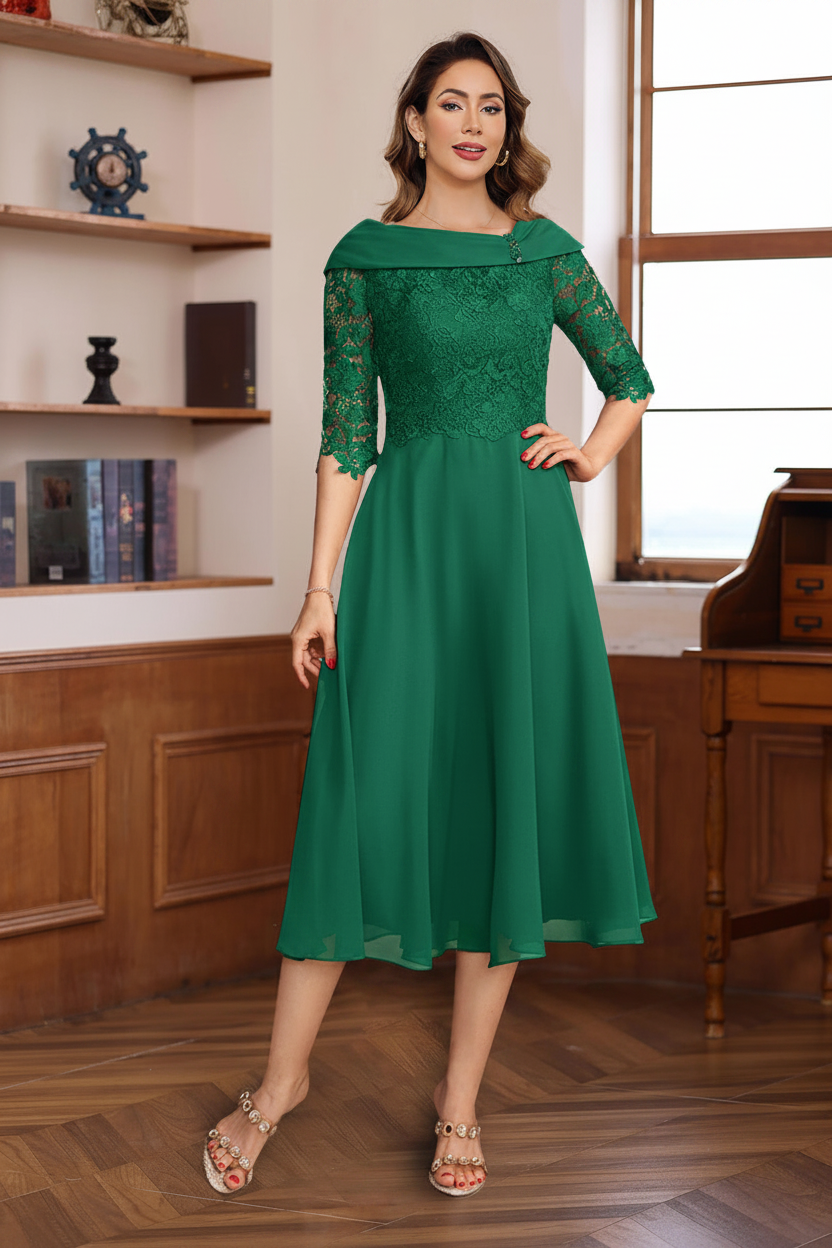A-Line/Princess V-Neck Half Sleeves Tea Length Mother of the Bride & Groom Dresses with Lace Appliques