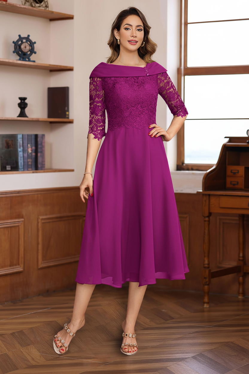 A-Line/Princess V-Neck Half Sleeves Tea Length Mother of the Bride & Groom Dresses with Lace Appliques