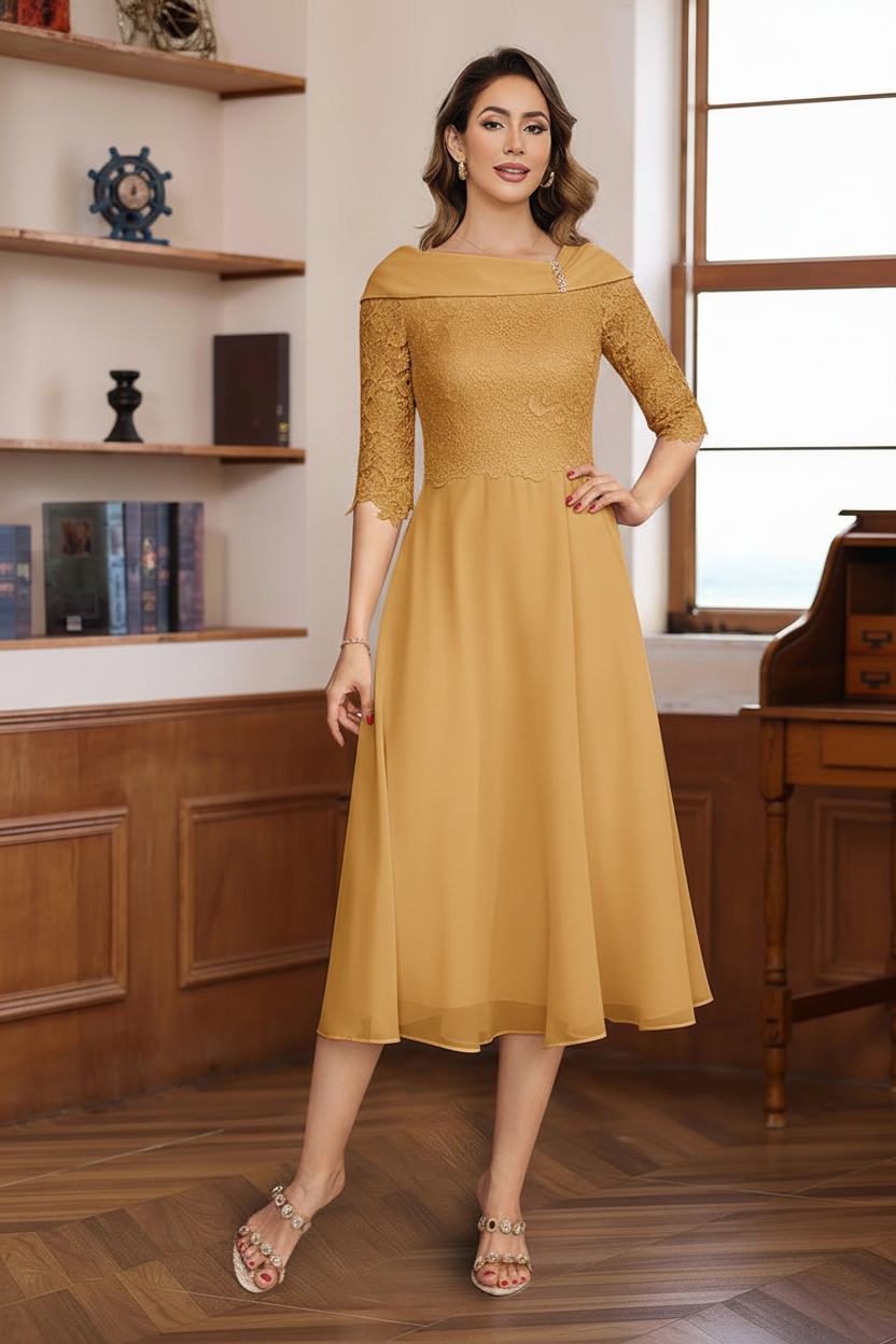 A-Line/Princess V-Neck Half Sleeves Tea Length Mother of the Bride & Groom Dresses with Lace Appliques